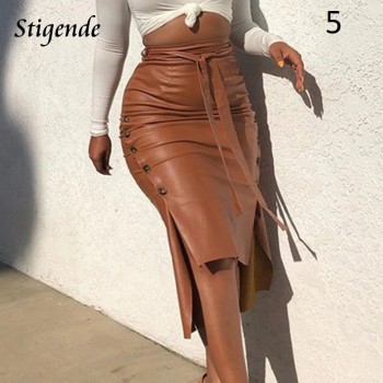 Stigende Women Sexy Bandage Pu Leather Party Skirt Fashion Solid Faux Leather Side Button Skirt Casual Bodycon Split Midi Skirt